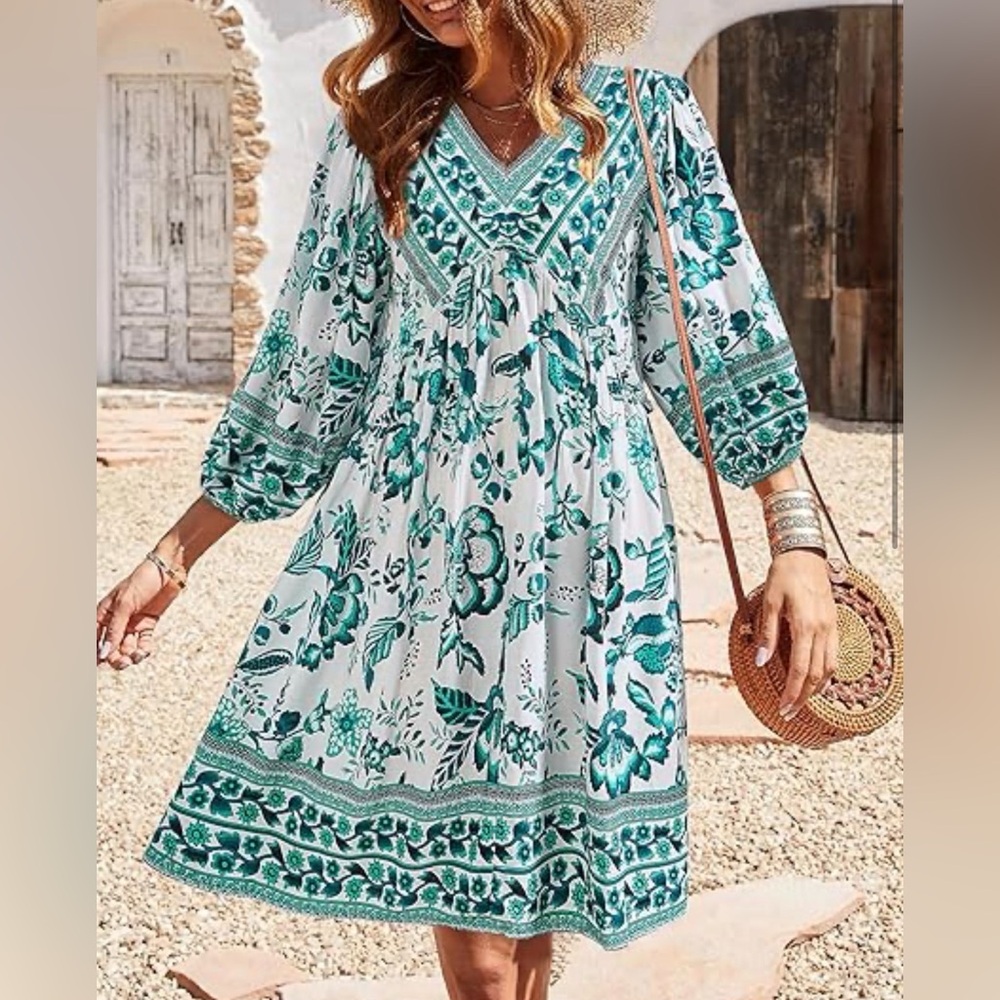 Teal Floral V-Neck Boho Midi Dress